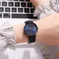 Elegant women quartz watch with dark blue dial and black leather strap, stylish wrist watch. - No Calendar Black Leather Strap Deep Blue Dial