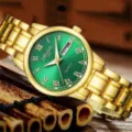 Montre quartz femme bracelet metal dore cadran vert calendrier elegante montre de luxe - Boîtier Doré Cadran Vert