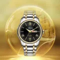 Men's luxury quartz watch featuring gold and silver stainless steel strap and black dial. - Wise Style / Two-tone Black Dial