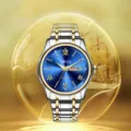 Men's quartz watch with gold and silver stainless steel strap and striking blue dial. - Wise Style / Two-tone Blue Dial