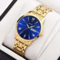 Orologio uomo al quarzo oro di lusso con quadrante blu, numeri romani e cinturino in acciaio. - Stile Audace-Tutto Oro Quadrante Blu 1