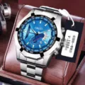 Orologio cronografo da uomo in acciaio inox con quadrante blu e lunetta tachimetrica. - Cassa in Argento Quadrante Blu Cinturino in Acciaio