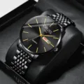 Luxury men quartz watch with black dial gold hands and stainless steel mesh strap. - Gentleman Black Mesh Band Black Dial