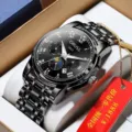 Reloj mecánico automático negro para hombre con correa de acero y función de calendario. - Correa Negra Esfera Negra