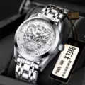 Herren Automatik mechanische Uhr silbernes Stahlarmband Skelett Zifferblatt Luxusuhren - Zahnrad Silber Weißes Zifferblatt