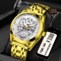 Goldenes automatisches mechanisches Herrenuhr mit skelettiertem Zifferblatt und Kristalle. - Zahnrad Ganz Gold Weißes Zifferblatt