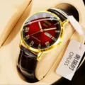 Men gold case red dial automatic mechanical watch with black leather strap and calendar display. - Brown Leather Full Gold Red Dial