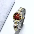 Reloj de cuarzo para mujer elegante con esfera roja, bisel dorado y pulsera de acero bicolor. - Mujeres-Romano Dos Tonos Oro Esfera Roja