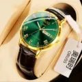 Luxury green dial automatic mechanical mens watch with leather strap and calendar display. - Brown Leather Full Gold Green Dial