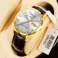 Men automatic mechanical watch with genuine leather strap, large dial and calendar display. - Brown Leather Full Gold White Dial
