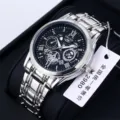 Men's automatic mechanical watch with silver stainless steel strap and black dial. - Light Silver Black Face Male