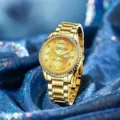 Luxury gold women watch with diamond bezel, roman numerals, and metal strap for fashion style. - Full Drill Dial - Gold Gold Women