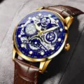 Men's automatic skeleton watch with gold case, brown leather strap and blue dial. - Brown Leather Strap Skeleton Gold Case Blue Dial