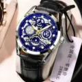 Mens automatic mechanical skeleton watch with black leather strap and waterproof design. - Skeleton Silver Case Blue Dial Black Leather Strap