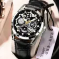 Men's automatic mechanical skeleton watch with stylish black leather strap and dial. - Skeleton Silver Case Black Dial Black Leather Strap