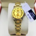 Gold quartz wristwatch for women, vintage style with metal strap and calendar display model. - Romantic Red Gold Style (0121)