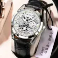 Men skeleton automatic mechanical watch with stylish leather strap and luxury silver steel case. - Skeleton Silver Case White Dial Black Leather Strap