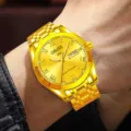 Luxury men golden automatic quartz watch with stainless steel strap and calendar display. - Men-Roman All Gold