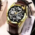 Men's automatic mechanical watch with gold case brown leather strap skeleton hollow dial - Skeleton Gold Case Black Dial Brown Leather Strap