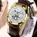 Men's gold skeleton luxury wristwatch with brown leather strap, automatic mechanical style design. - Skeleton Gold Case White Dial Brown Leather Strap