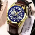 Men gold skeleton watch with blue dial and brown leather strap, stylish waterproof timepiece. - Skeleton Gold Case Blue Dial Brown Leather Strap