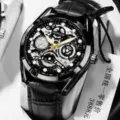 Men luxury automatic skeleton watch with black leather strap and hollow dial design. - Skeleton Black Case Black Dial Black Leather Strap