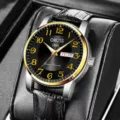 Men's Luxury Black Leather Strap Gold Bezel Quartz Watch with Large Arabic Numerals. - Leather Strap Black Dial Two-Tone Case Men's Style