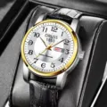 Men's classic quartz wristwatch with white dial, bold Arabic numerals, and leather strap. - Leather Strap White Dial Two-Tone Case Men's Style