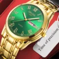 Reloj de cuarzo para hombre en color oro con esfera verde numeros romanos y calendario. - Hombres-Romano Todo Oro Esfera Verde