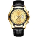 Montre quartz de luxe pour homme avec boîtier doré lunette tachymètre et bracelet en cuir. - Cuir Noir Boîtier Or Cadran Or