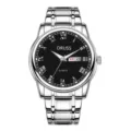 Detailed view of men's quartz watch featuring a sleek black dial, Roman numerals, and metallic strap. - Silver Alloy Strap Black Dial