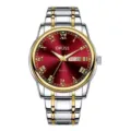 Men's two-tone stainless steel quartz watch with red dial and Roman numerals calendar. - Roman Two-Tone Gold Red Dial
