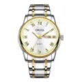 Men's quartz watch with dual-tone stainless steel strap, white dial and classic roman numerals. - Two-tone Gold Silver Alloy Strap White Dial