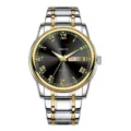 Men's stainless steel quartz watch featuring a black dial, roman numerals, and date display. - Two-tone Gold Silver Alloy Strap Black Dial