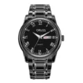 Close-up detail of black quartz watch dial, Roman numerals and metallic bracelet. - Black Alloy Strap Black Dial