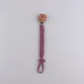 Braided baby pacifier clip dusty rose cotton cord with cute wooden flower clip and metal clasp. - Purple