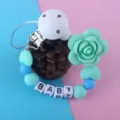 Cadena de chupete para bebé de silicona con flor menta y cuentas de letras para la seguridad infantil. - Verde