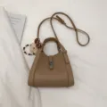Minimalist brown shoulder bag for women, chic casual bucket bag with metal lock and pendant. - With Pendant / Khaki