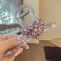 Clear crystal heart hair claw clip, pink rhinestone shark clip for stylish daily updos. - Pink