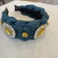 Diadema trenzada verde oscura con cristales lujo retro ancho aro de pelo mujer elegante. - Azul