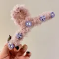 Pink mesh hair claw clip with rhinestone and flower decor for sweet daily styling. - Pink