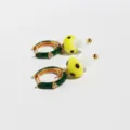 Chic green enamel hoop earrings with cute yellow glass mushroom charms and cubic zirconia accents. - Yellow Mushroom (Enamel Zirconia Hoop Edition) / Yellow