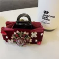Barocker Samt Schleifen Haarklammer mit Strass und Perlen, elegantes vintage Haaraccessoire. - Burgunderrot