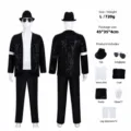 Set di costumi da danza con paillettes Michael Jackson con giacca nera, camicia bianca e accessori. - S (Adulto) / Set da 7 Pezzi