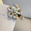 Gros plan d'une pince à cheveux brillante en strass floral avec cristaux aurore et base en métal. - Blanc