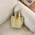 Vintage yellow leather bucket bag for women, stylish top handle shoulder and crossbody bag. - No Pendant / Yellow