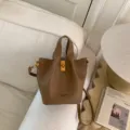 Retro brown bucket bag for women, minimalist PU leather crossbody and shoulder handbag. - No Pendant / Brown