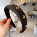 Chic black padded headband with golden cross metal rivets, trendy wide hair hoop for women - Square / Black