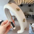 White wide padded headband with vintage gold cross metal decorations, chic hair accessory. - Square / White