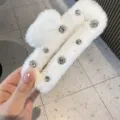 White plush square hair claw clip with sparkling rhinestones for elegant and lazy hairstyles. - White